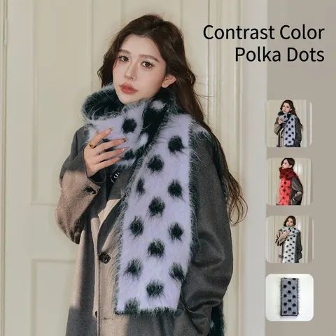 Écharpe en Tricot à Pois en Mélange de Laine Rétro Style Coréen Douce Chaude Épaisse Hiver Jacquard pour Femme Accessoires Mode