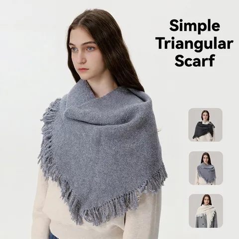Knitted Triangle Scarf Wool Blend Solid Color Tassel Shawl Cape For Women Autumn Winter Warm Minimalist Fashion Accessory