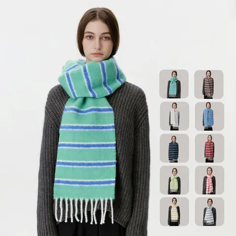 Women's Striped Tassel Wool Blend Scarf Winter Warm Long Knit Fringe Wrap Shawl Soft Pashmina Neck Warmer For Cold Weather