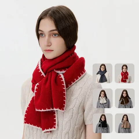 Minimalist Wool Blend Knitted Scarf With Elegant Contrast Stitch Edge Winter Warm Soft Fashion Scarf For Women Everyday Outdoor Neck Warmer