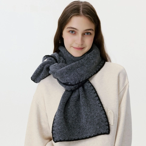 Minimalist Wool Blend Knitted Scarf With Elegant Contrast Stitch Edge Winter Warm Soft Fashion Scarf For Women Everyday Outdoor Neck Warmer