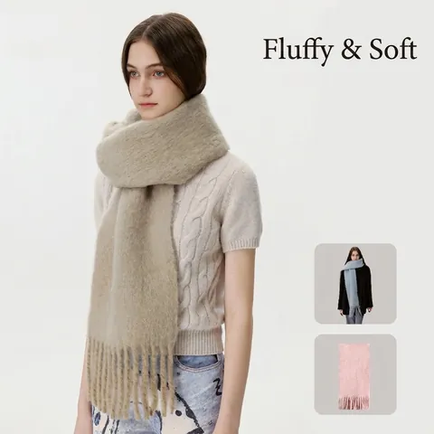 Women's Solid Color Wool Blend Tassel Scarf Thick Soft Fluffy Winter Warm Shawl Elegant Fringe Wrap Scarf For Women