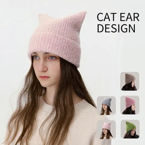 Berretto da Donna in Misto Lana con Orecchie di Gatto Cappello in Maglia Caldo Invernale Tinta Unita Accessorio Moda Casual