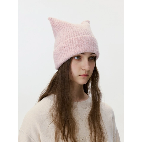 Berretto da Donna in Misto Lana con Orecchie di Gatto Cappello in Maglia Caldo Invernale Tinta Unita Accessorio Moda Casual