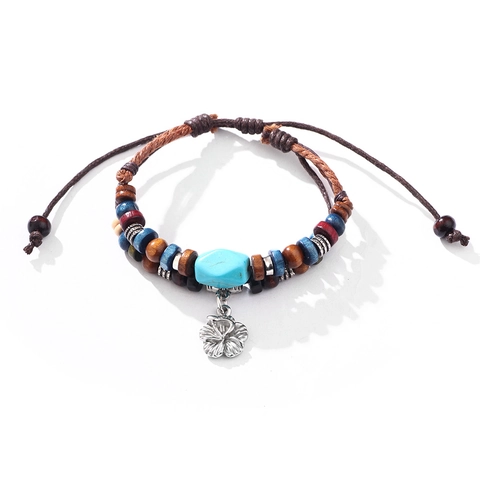 Pulsera Trenzada de Aleación Vintage Bohemia Para Mujer Dijes Corazón Hoja Moneda Flor Cuentas Turquesa Artificial