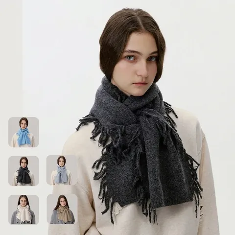 Écharpe en Mélange de Laine Unisexe Tricotée Chaude Écharpe d'Hiver avec Glands Couleur Unie Coupe-vent pour Homme Femme Mode