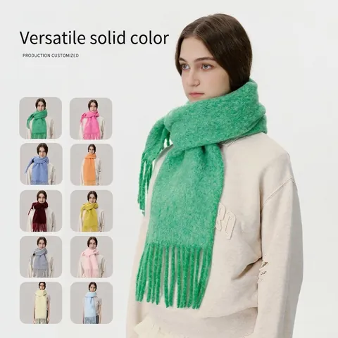 Sciarpa Invernale in Misto Lana Tinta Unita Con Nappine Per Donna Calda Morbida Tessuta Avvolgente Moda Minimalista Scaldacollo