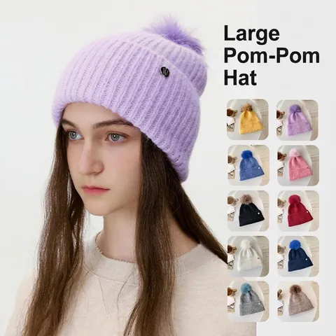 Winter Warm Wool Blend Knit Beanie Hat With Large Pom Pom Soft Ribbed Cuff Skull Cap For Men Women Solid Color Outdoor Headwear