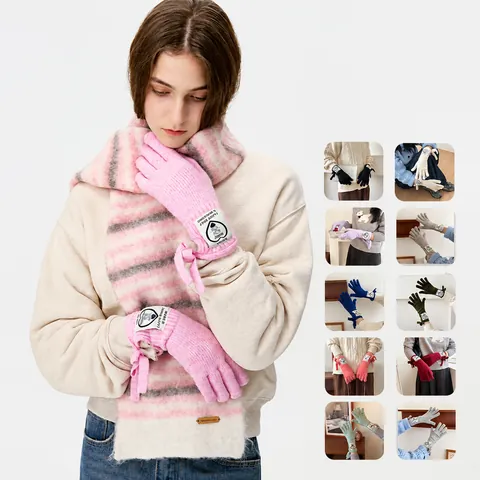 Guantes de Mezcla de Lana de Punto de Estilo Coreano para Mujer Hombre Guantes Cálidos de Invierno con Lazo de Cinta Pantalla Táctil
