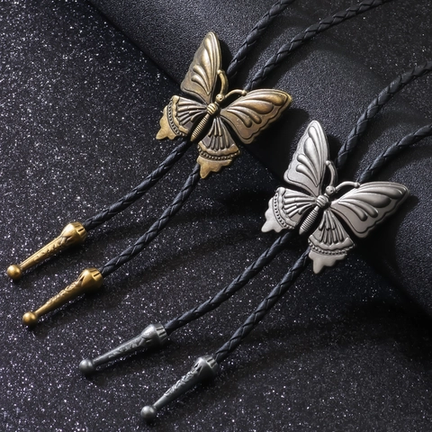 Vintage Butterfly Bolo Tie Retro Alloy Butterfly Pendant Braided Faux Leather Cord Necktie Western Cowboy Jewelry For Men Women