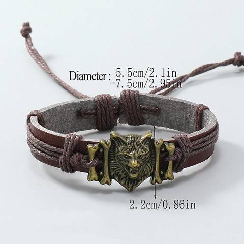 Retro Punk Wolf Head Braided Leather Bracelet Bronze Antique Silver Alloy Charm Adjustable Men Women Jewelry Handmade Bangle