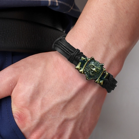 Retro Punk Wolf Head Braided Leather Bracelet Bronze Antique Silver Alloy Charm Adjustable Men Women Jewelry Handmade Bangle