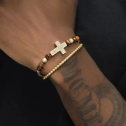 Conjunto de Pulsera de Cruz Incrustada de Circonia de Cobre para Hombre Piedra Ojo de Tigre Pulsera Elástica Joyería Hip Hop