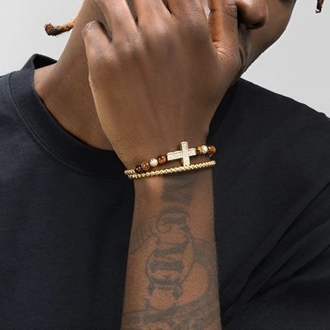 Conjunto de Pulsera de Cruz Incrustada de Circonia de Cobre para Hombre Piedra Ojo de Tigre Pulsera Elástica Joyería Hip Hop