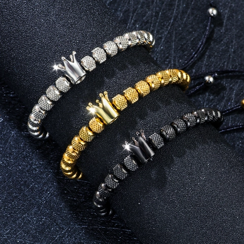 Bracelet Homme Vintage Couronne en Acier Inoxydable Perlé Réglable Tissé à la Main Bracelet Mode Bijoux Rétro Cadeau