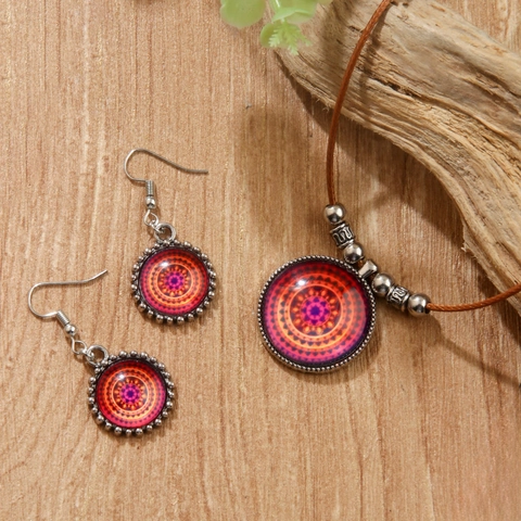 Set di Gioielli Mandala Bohemienne Collana Geometrica in Lega di Vetro Set di Orecchini Vintage Etnico Donna Accessorio Decorativo Regalo