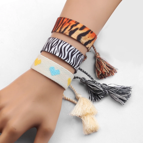 Bohemian Handgemachtes Gewebtes Freundschaftsarmband Mit Quasten Ethno-Stil Herz Zebra Tiger Muster Verstellbares Armband Schmuck