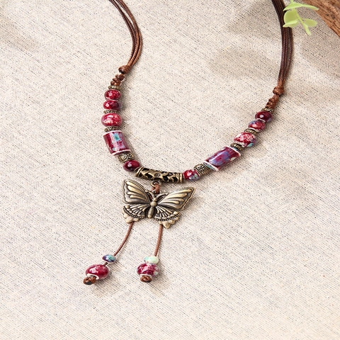 Collana con Ciondolo a Farfalla in Ceramica Stile Etnico Vintage per Donna Collana Farfalla in Lega Bronzo Gioielli Etnici