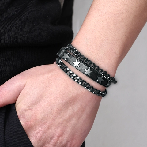 Herren Punk Kuhleder Legierung Armband Mit Sternnieten Metallkette Mehrlagiges Rock Armband Mode Accessoire Schmuck