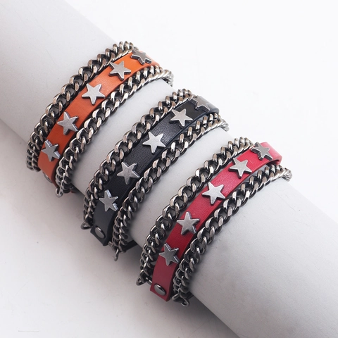 Herren Punk Kuhleder Legierung Armband Mit Sternnieten Metallkette Mehrlagiges Rock Armband Mode Accessoire Schmuck