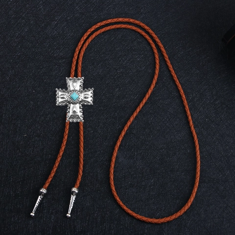 Cravatta Bolo Cowboy Occidentale Collana Pendente Croce Lega di Zinco Con Turchese Artificiale Corda in Pelle Gioielli Punk