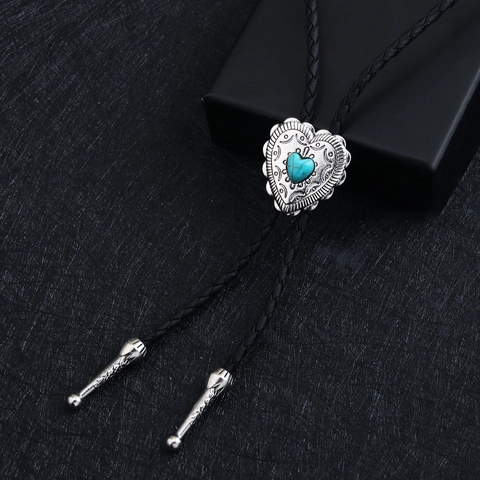 Vintage Cuore Turchese Artificiale Bolo Tie Lega di Zinco Western Cowboy Corda in Pelle Intrecciata Collana Pendente Per Unisex