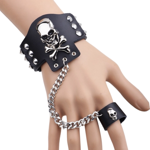 Punk Gothic Echtes Leder Totenkopf Sklavenarmband Mit Ring Silber Zinklegierung Nieten Rock Schmuck Für Herren Damen