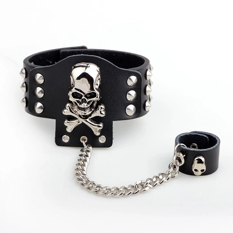 Punk Gothic Echtes Leder Totenkopf Sklavenarmband Mit Ring Silber Zinklegierung Nieten Rock Schmuck Für Herren Damen