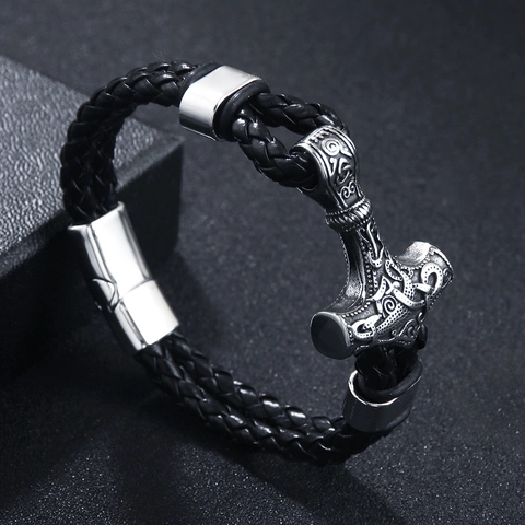 Bracciale da Uomo Vichingo Martello di Thor Pendente Mjölnir Cinturino in Pelle Intrecciata Chiusura Magnetica in Lega Gioielli Punk