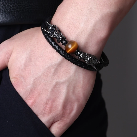 Bracciale in Pelle Intrecciata con Testa di Drago Vintage per Uomo Cinturino in PU a Doppio Strato Perlina in Pietra Occhio di Tigre Chiusura Magnetica Gioielli Punk
