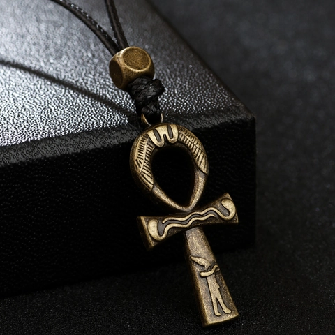 Vintage Ancient Egyptian Ankh Cross Pendant Necklace Antique Bronze Zinc Alloy Adjustable Cord Hip Hop Jewelry For Men Women
