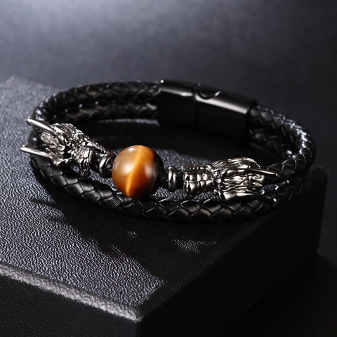 Bracciale in Pelle Intrecciata con Testa di Drago Vintage per Uomo Cinturino in PU a Doppio Strato Perlina in Pietra Occhio di Tigre Chiusura Magnetica Gioielli Punk