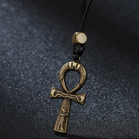Vintage Ancient Egyptian Ankh Cross Pendant Necklace Antique Bronze Zinc Alloy Adjustable Cord Hip Hop Jewelry For Men Women