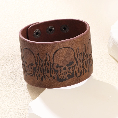 Punk Men's Wide Leather Bracelet Vintage Skull Flame Embossed Cowhide Cuff Adjustable Metal Snap Button Rock Gothic Jewelry