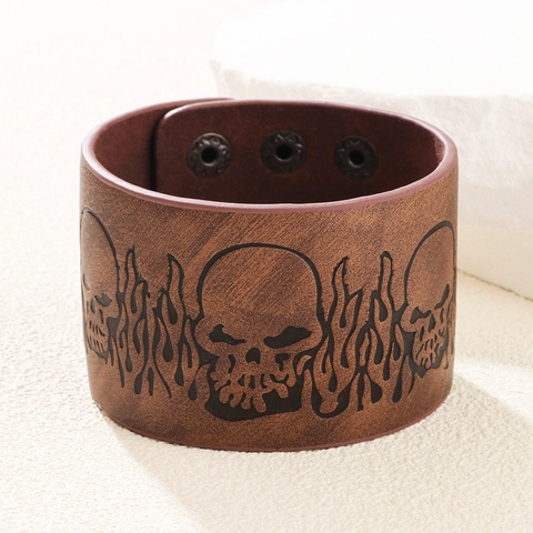 Punk Men's Wide Leather Bracelet Vintage Skull Flame Embossed Cowhide Cuff Adjustable Metal Snap Button Rock Gothic Jewelry