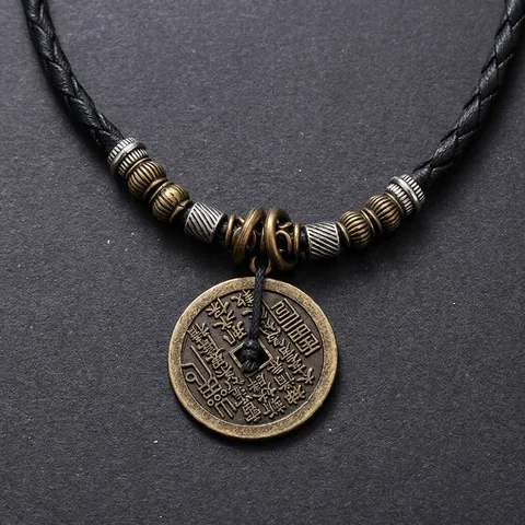 Vintage Bronze Legierung Mountain Ghost Münze Anhänger Halskette Handgefertigte Geflochtene Seil Ethno Acht Trigramme Schmuck