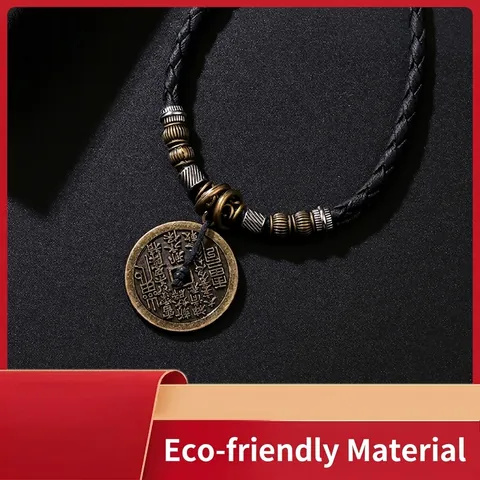 Collana con Ciondolo a Forma di Moneta Mountain Ghost in Lega di Bronzo Vintage Corda Intrecciata a Mano Otto Trigrammi