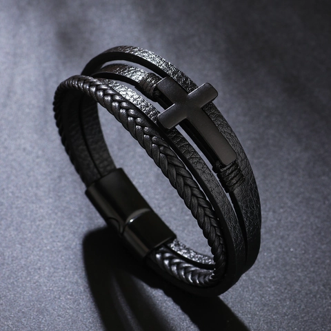 Bracciale Vintage Multistrato in Lega di Zinco con Croce per Uomo Donna Gioielli Punk Intrecciati con Chiusura Magnetica