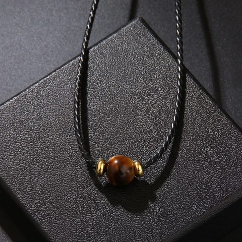 Collana di Perle in Occhio di Tigre Naturale Fatta a Mano Cordino Intrecciato Nero Distanziatori in Lega Gioielli Unisex