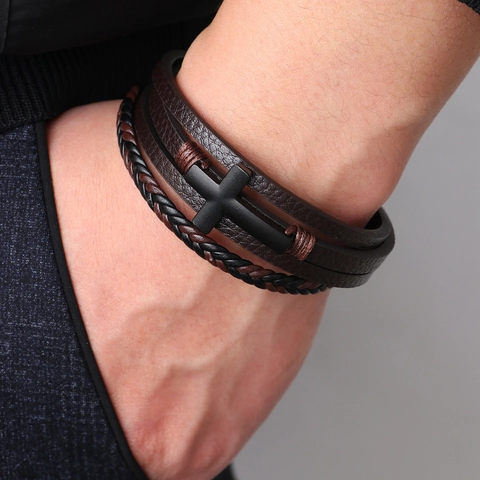 Bracciale Vintage Multistrato in Lega di Zinco con Croce per Uomo Donna Gioielli Punk Intrecciati con Chiusura Magnetica