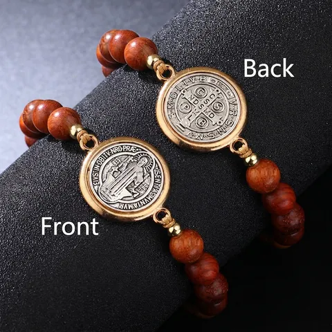 Bracciale con Perline in Legno Medaglia di San Benedetto Corda Intrecciata Regolabile Gioielli Religiosi Unisex Vintage Croce Bracciale