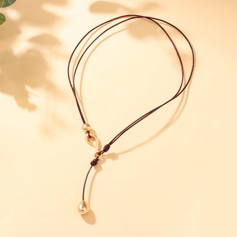 Minimalist Alloy Water Drop Pendant Necklace With Adjustable Artificial Leather Cord Sliding Knot Fashion Jewelry For Unisex
