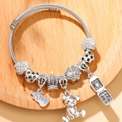 Bracciale Charm in Lega d'Argento Con Pendente a Forma di Orsetto Corona Strass Quadrifoglio Biberon Bracciale Rigido Regolabile per Donna