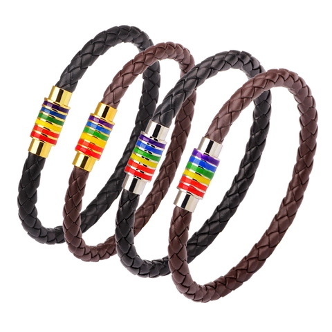 Fashion Braided Artificial Leather Bracelet Stainless Steel Rainbow Magnetic Clasp LGBTQ Pride Bangle Jewelry For Men Women