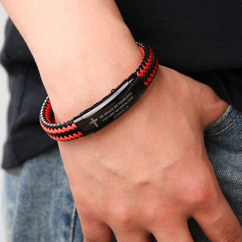 Bracciale da Uomo in Pelle Sintetica Intrecciata WWJD Versetto della Bibbia Ispiratore Giosuè 1-9 Croce Religioso Gioielli in Lega