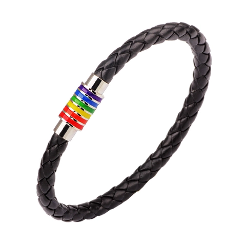 Fashion Braided Artificial Leather Bracelet Stainless Steel Rainbow Magnetic Clasp LGBTQ Pride Bangle Jewelry For Men Women