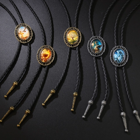 Retro Western Cowboy Bolo Tie Adjustable Braided Leather Rope Alloy Religious Tree Of Life Cross Pendant Necklace For Men Women
