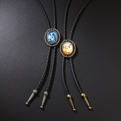 Retro Western Cowboy Bolo Tie Adjustable Braided Leather Rope Alloy Religious Tree Of Life Cross Pendant Necklace For Men Women