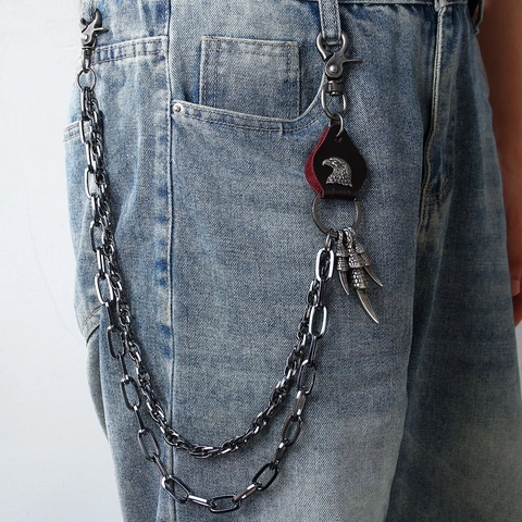 Catena da Pantaloni in Metallo Punk a Doppio Strato Con Patch Testa di Aquila e Pendenti Artiglio Gothic Hip Hop Streetwear