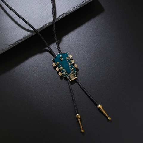 Vintage Western Cowboy Bolo Tie Blue Enamel Guitar Headstock Musical Treble Clef Pendant Braided Leather Rope Necklace Jewelry